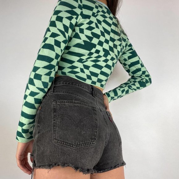 Green Color Block Warped Checkered Top - Picture 3 of 4